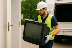 Odbiór zużytego sprzętu RTV AGD – wynoszenie starego telewizora przez pracownika firmy recyklingowej