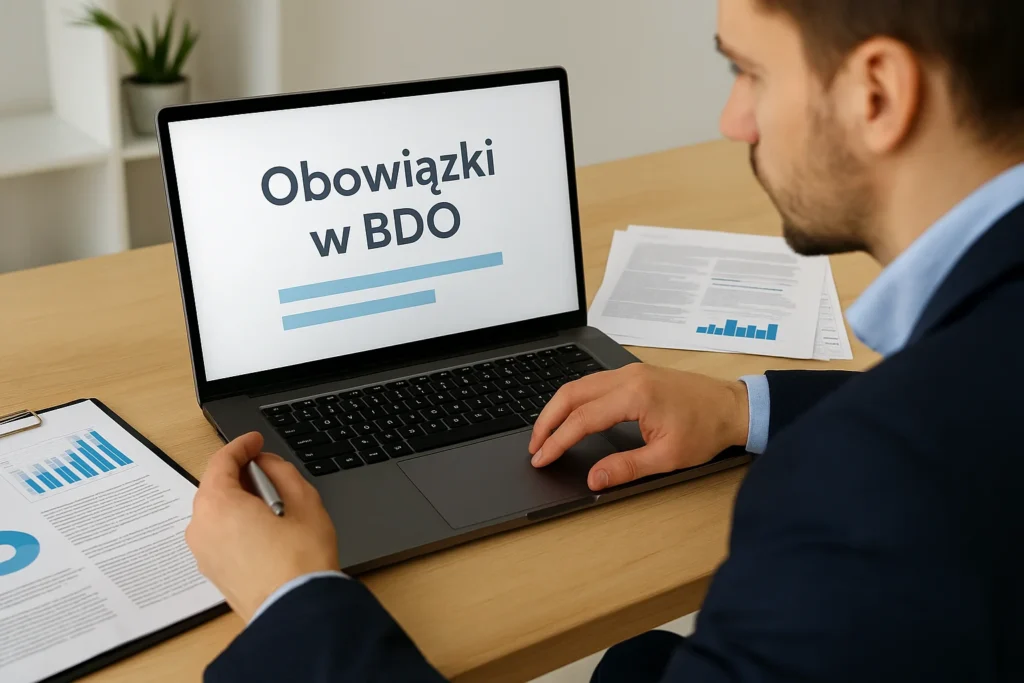Przedsiębiorca analizuje dokumenty i dane w systemie BDO na ekranie laptopa.